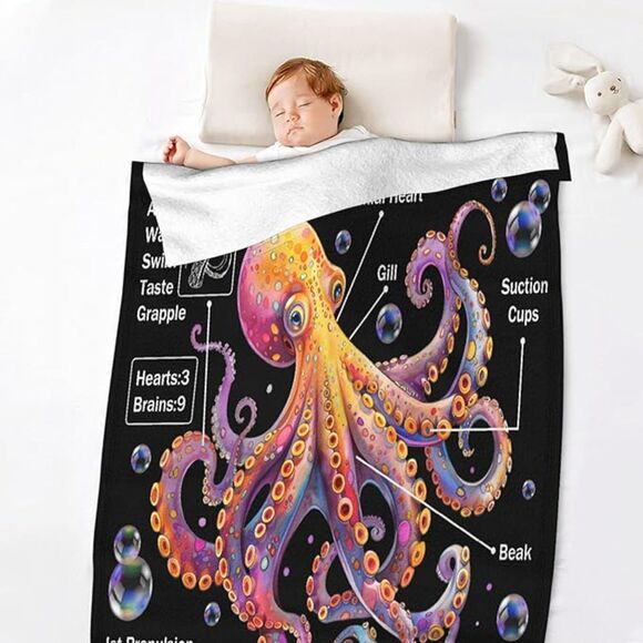 Octopus Throw Blanket, Anatomy Print,  50" x 40" Kids - Picture 3 of 4